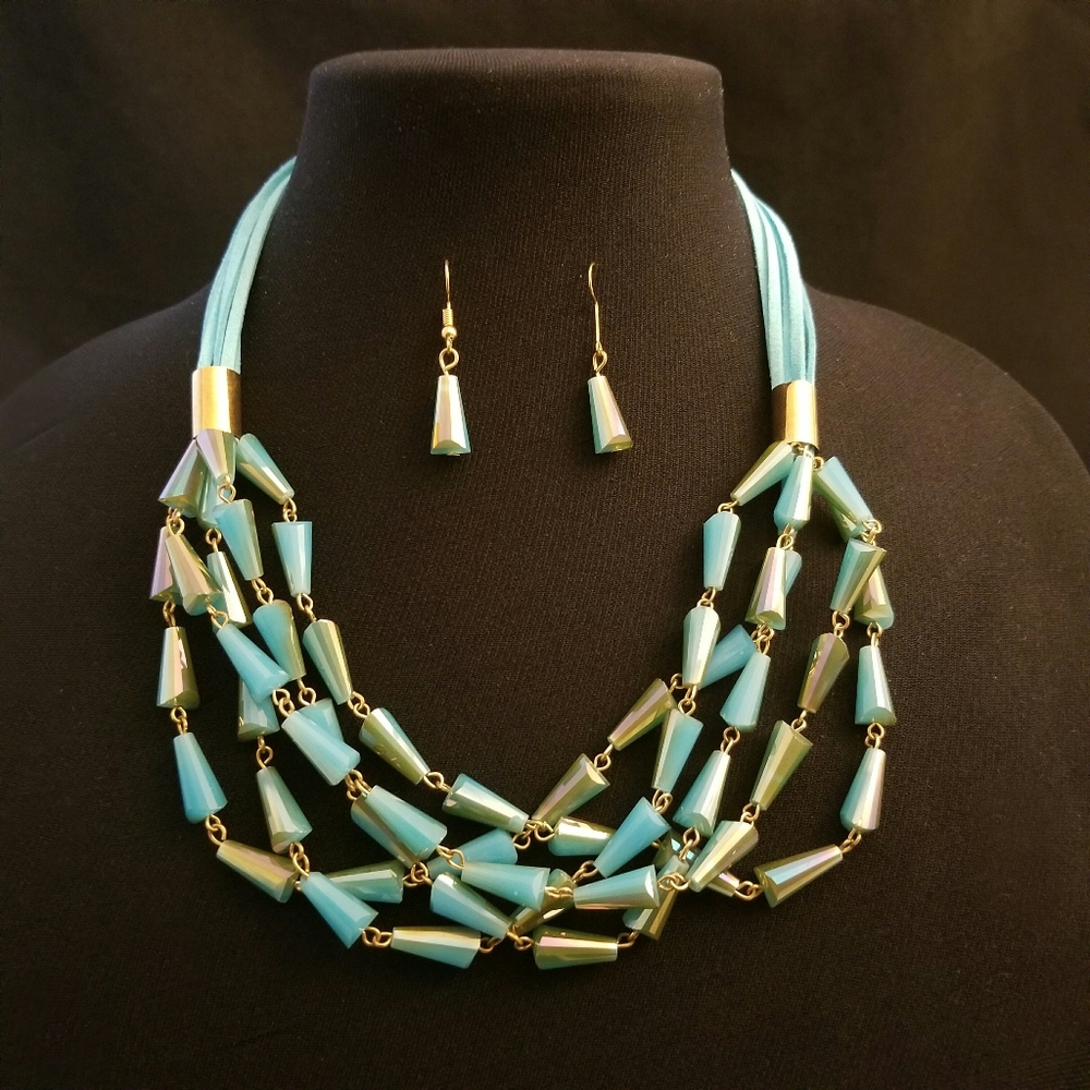 Ella Cone Glass Beaded Multi Layered Necklace Set Chic Faux Leather Detail